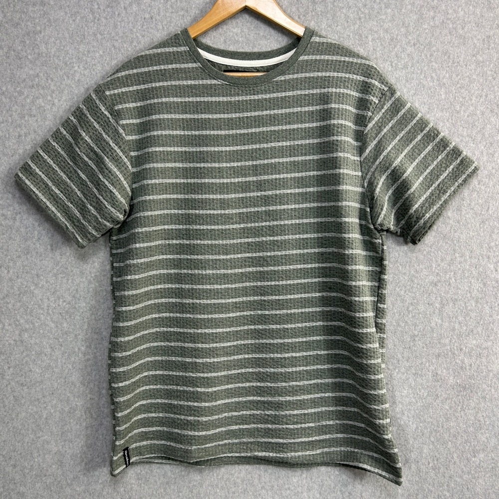 Threadbare T-Shirt Green Striped Waffle Knit Crew Neck Casual Indie Tee Mens XL